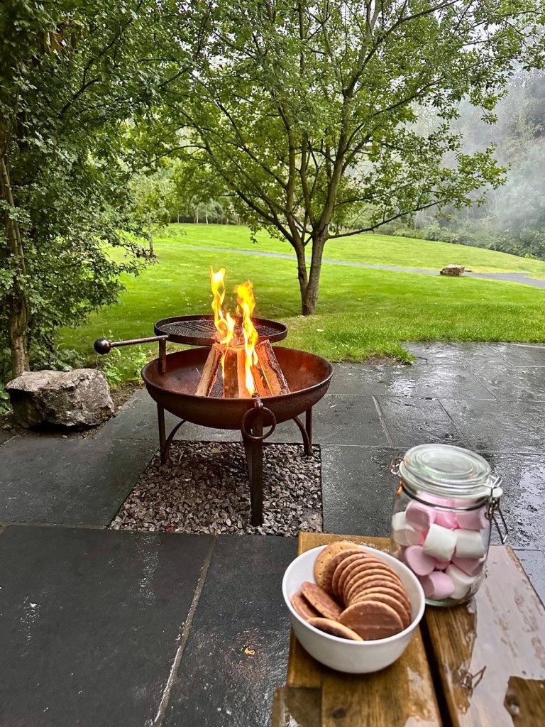 Rustic outdoor fire pit with logs and marshmallows for toasting at Hewn Yorkshire woodland cabins.