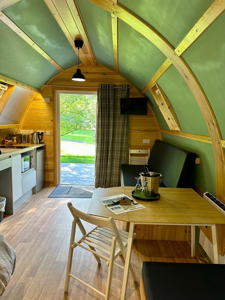 Dog-friendly stay at Hewn Yorkshire with treats, ball, and water bowl provided.