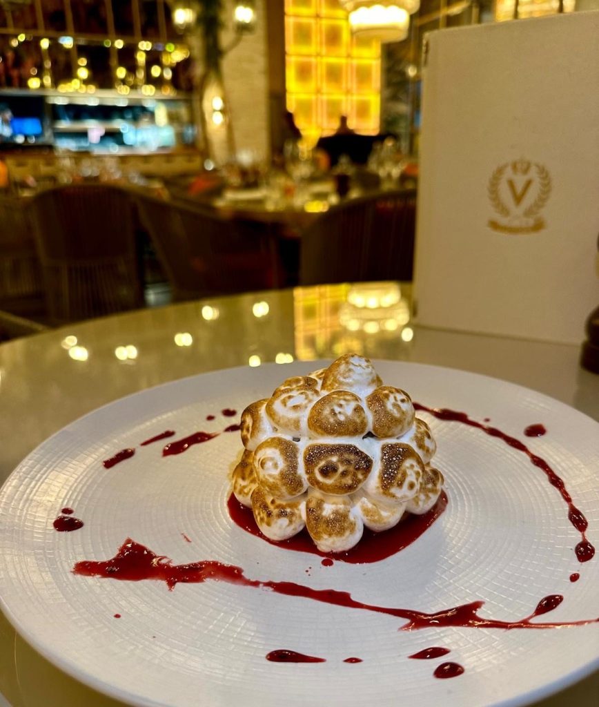 Raspberry bomb Alaska dessert at Victors Newcastle