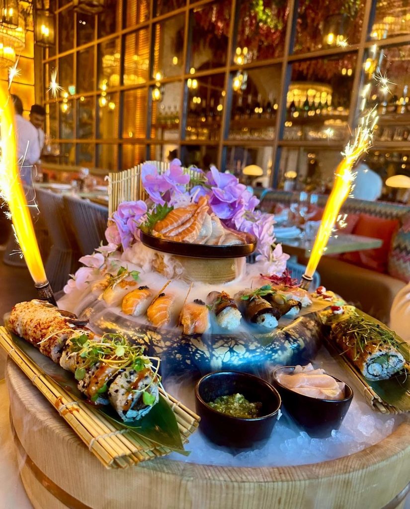 Victors Newcastle sushi sharing platter with sparklers on the Quayside