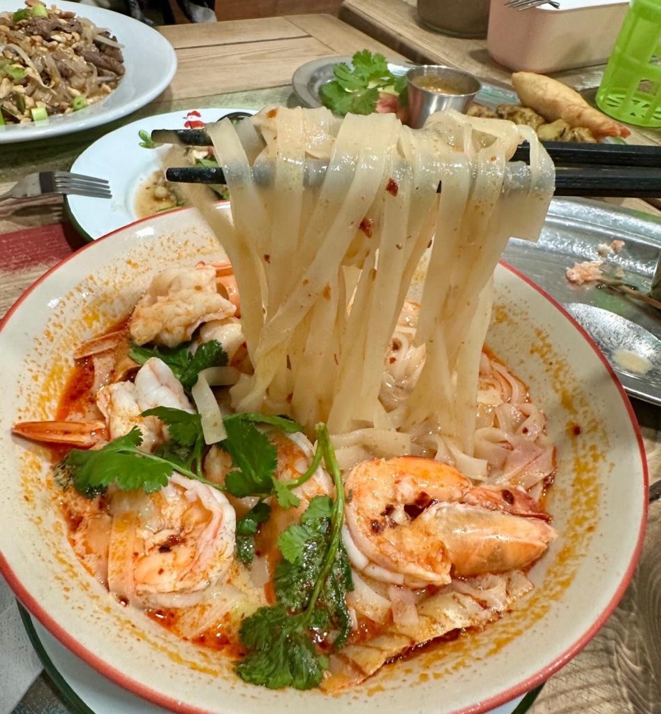Rice noodles in Tom Yum broth with seafood at Thai House Café Newcastle