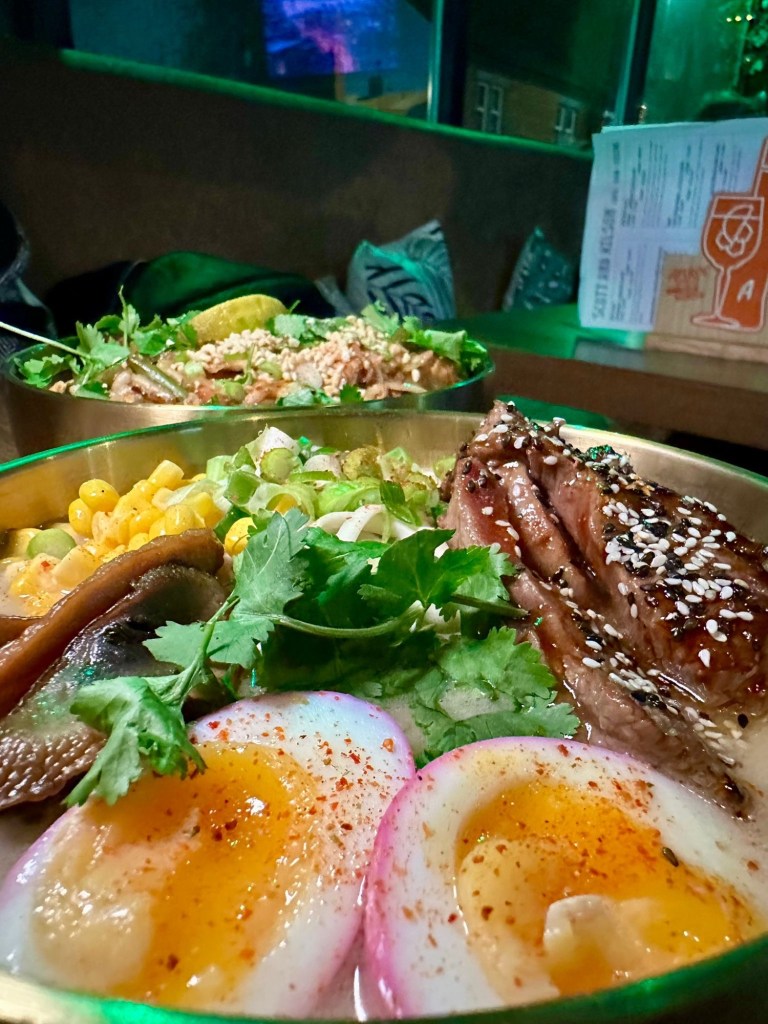 Pad Thai and tonkotsu ramen served together at Scott and Wilson Noodle Bar North Shields