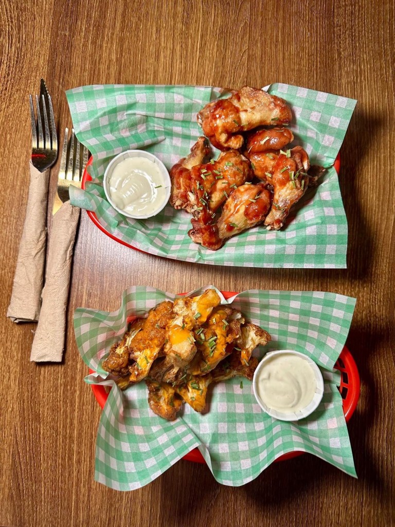 BBQ chicken wings, buffalo cauliflower and prawn crackers at Scott and Wilson Noodle Bar North Shields