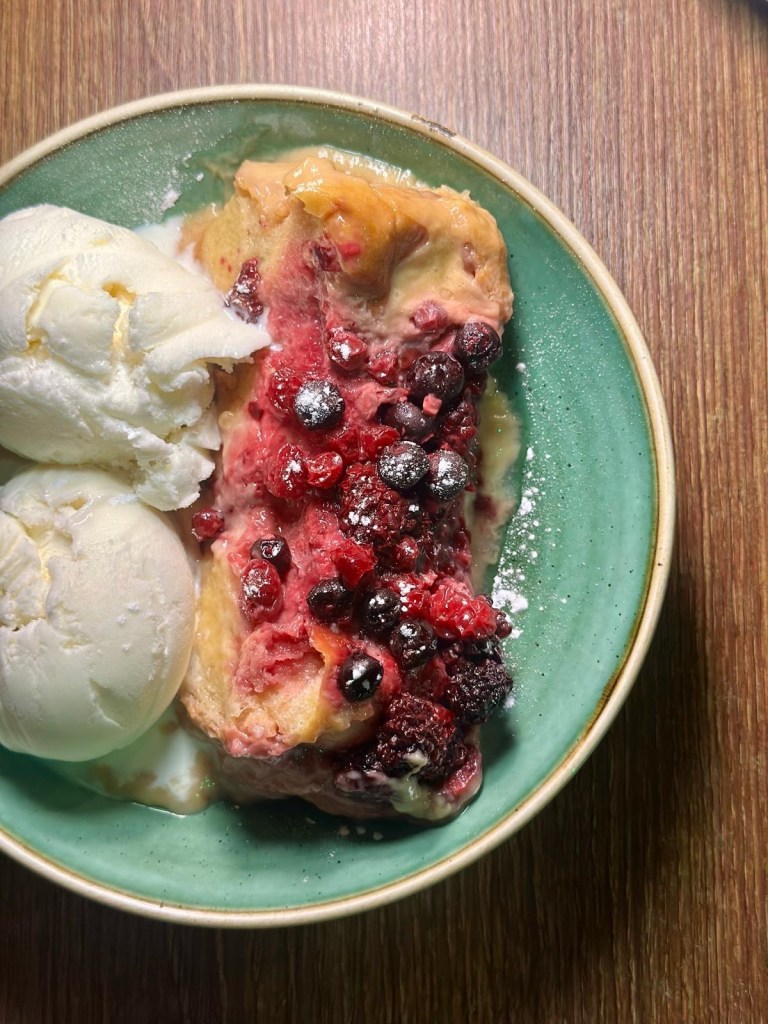 Winter berry bread and butter pudding dessert at Scott and Wilson North Shields