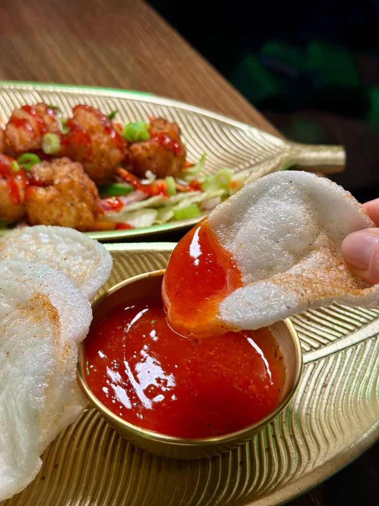 Prawn crackers served with sweet chilli dipping sauce at Scott and Wilson Noodle Bar North Shields