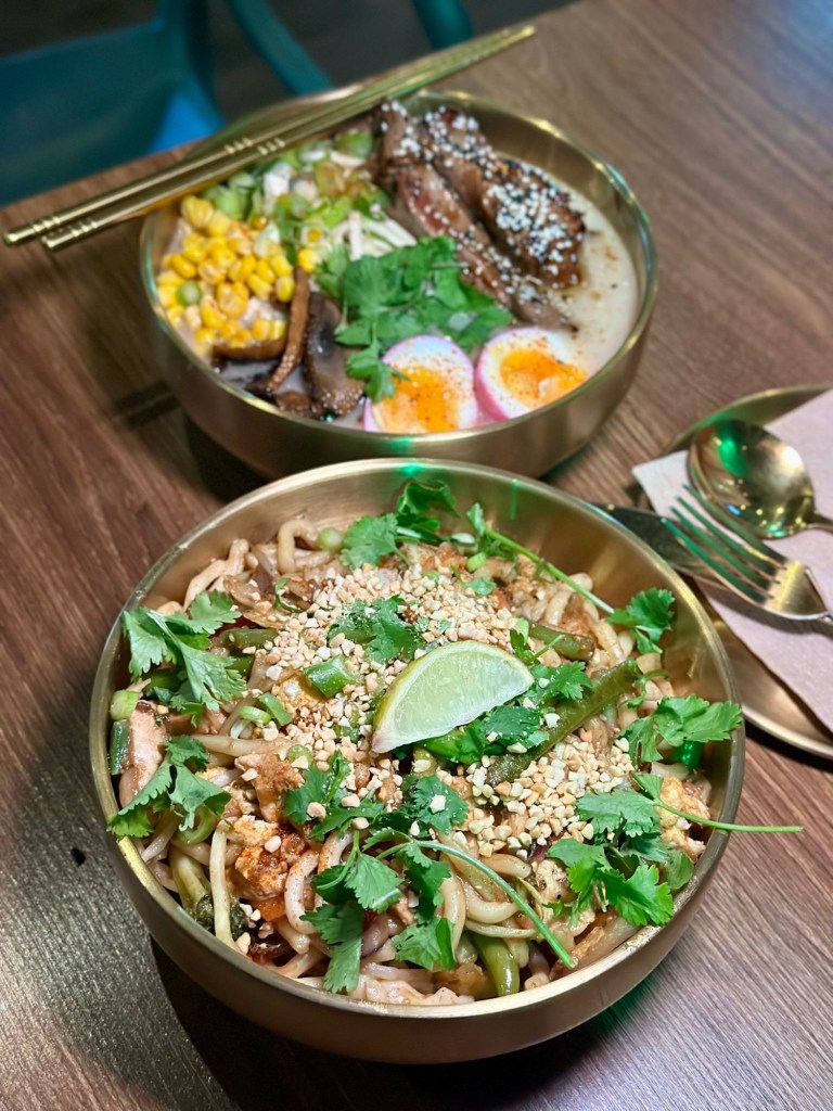 Pad Thai and tonkotsu ramen served together at Scott and Wilson Noodle Bar North Shields