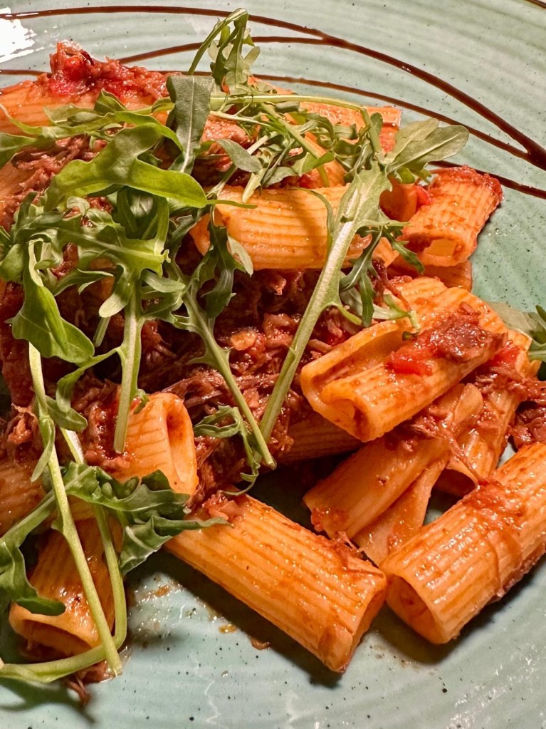 Beef shin ragu rigatoni pasta dish at Scott and Wilson Noodle Bar North Shields