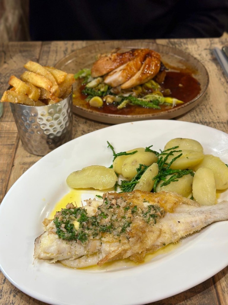 Whole grilled sole with new potatoes, shrimp butter and samphire at Hinnies Whitley Bay