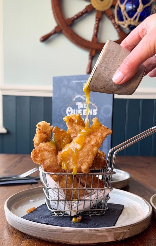Crispy fish goujons with curry sauce at The Queen's Head Cullercoats