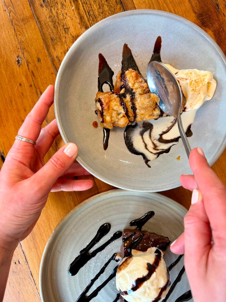 Chocolate tart and deep fried Mars bar desserts at The Queen's Head Cullercoats
