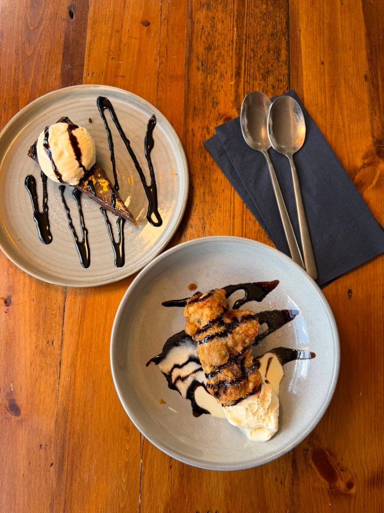 Chocolate tart and deep fried Mars bar desserts at The Queen's Head Cullercoats