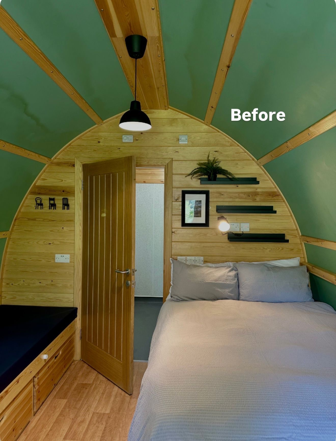 Original cabin interior at Hewn Yorkshire before the Scandinavian-inspired renovation